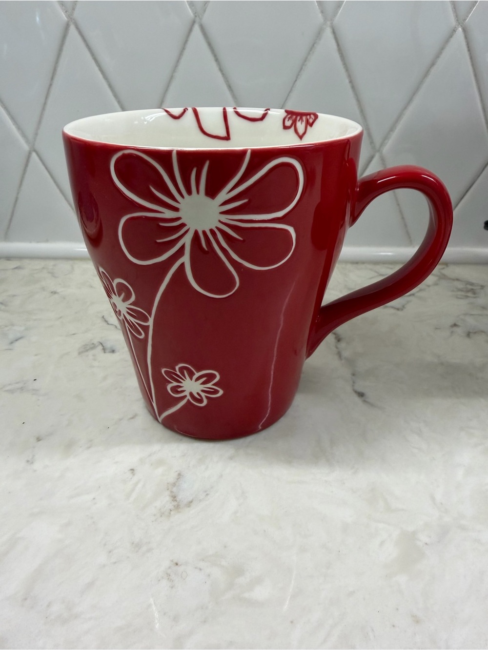 Starbucks 2007 Red Embossed Floral Flower 15oz Coffee Mug